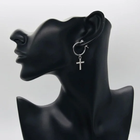 Silver Cross Hoops – Minimalist Rhinestone Earrings, Dainty Christian Jewelry - Picture 4 of 4